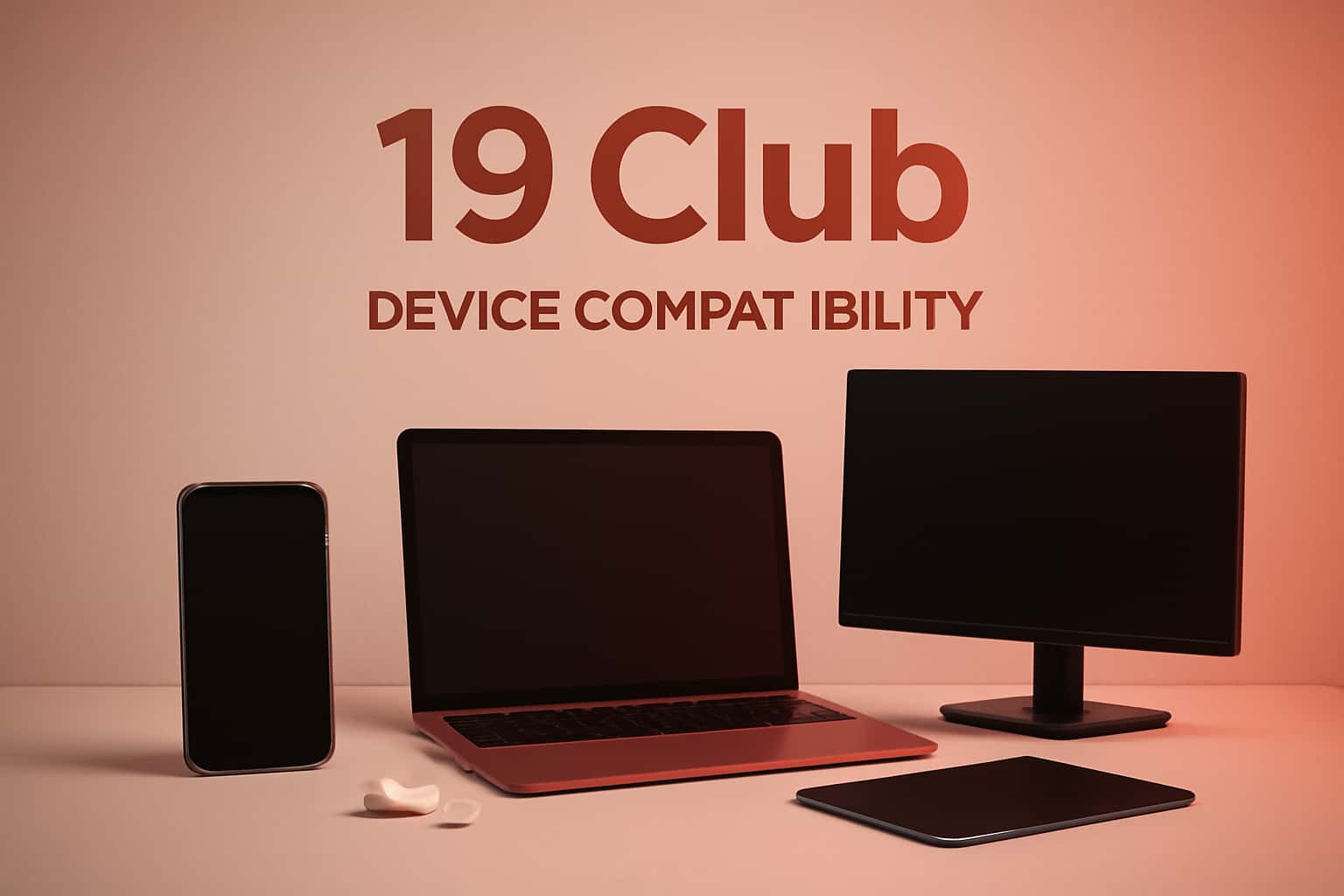 An illustrative depiction of device compatibility for the 19 Club, featuring various devices like smartphones and tablets.